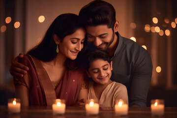 Young loving couple and their child hugging together on the occasion of Diwali festival.