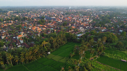 Aerial view of a paddy rice field backgrounded by Ubud town in Bali, Indonesia.