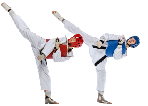 Legs kick. Dynamic portrait of two young women, taekwondo practitioners training together isolated on transparent background. Concept of sport, skills. Concept of sport, education, skills.