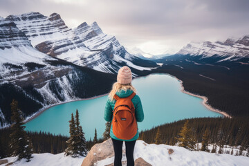 Rear view of a stylish girl, with a backpack and jacket, looking at the mountains and the lake, relaxing in the winter nature. Peyto Lake, Alberta