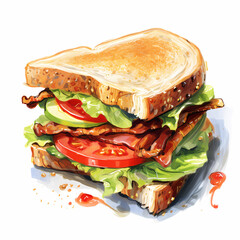 watercolor illustration of a blt sandwich with fresh lettuce and tomato on white background - obrazy, fototapety, plakaty