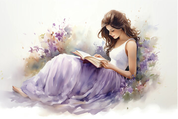 woman in purple gown reading amidst watercolor splashes on white background - obrazy, fototapety, plakaty