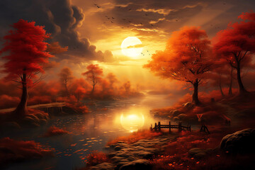 fiery autumn trees by a serene lake under a glowing moonlit sky