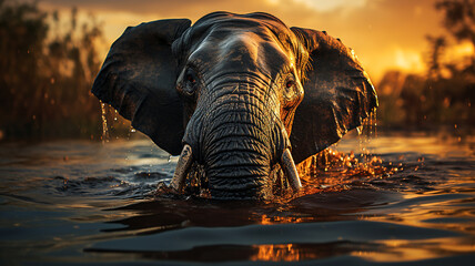 elephant in water - obrazy, fototapety, plakaty