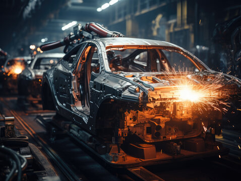 Robot arms are hard at work welding cars in an automobile factory.