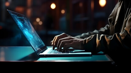 Male hands are typing on a laptop keyboard, a man works, develops a business, studies, plays a computer game at night. - obrazy, fototapety, plakaty