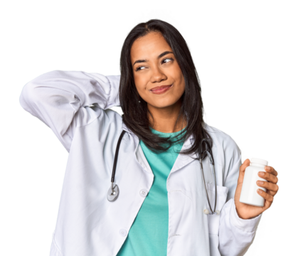 Young Filipina doctor holding a pill bottle touching back of head, thinking and making a choice.