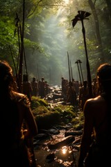A group of archers in traditional attire practicing archery in a lush forest, Generative AI