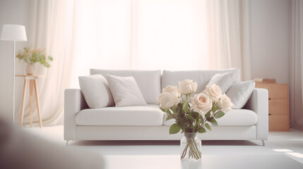 Interior of modern room with comfortable sofa. Blurred Modern white living room interior with sofa, furniture and flowers