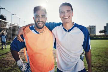 Happy soccer players, team or portrait of men on a field for sports game, practice or fitness training. People, wellness or excited athlete friends hug after a match with smile or support in stadium - obrazy, fototapety, plakaty