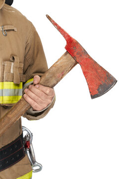 Crop view of anonymous male firefighter in uniform firmly holding red ax. Close up view of shabby pick head axe held by fireman, isolated on white studio background. Concept of job, fire equipment.