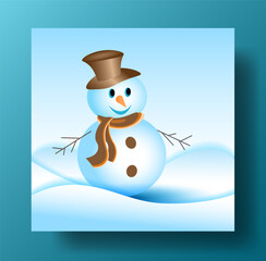 Merry christmas and happy new year greeting card with copy space and Cute snowman standing in winter christmas, landscape snow falling