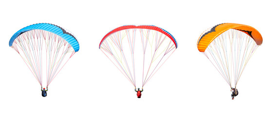 collection Bright colorful parachute on transparent background. png file. Concept of extreme sport, taking adventure challenge.	