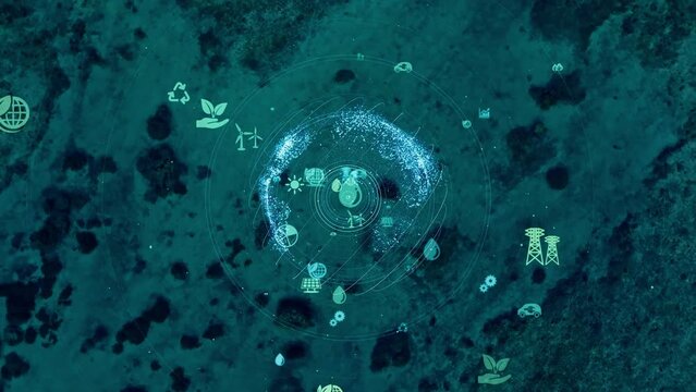Ocean aerial view and environmental technology concept. Green tech. ESG. SDGs.
