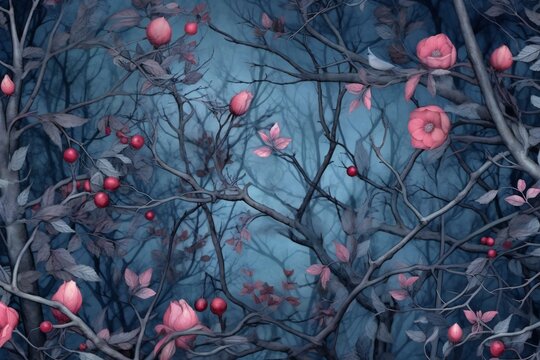 Watercolor painting of branches with pink flowers on a dark blue background