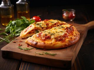 Fresh calzone pizza on a wooden cutting board on rustic background.