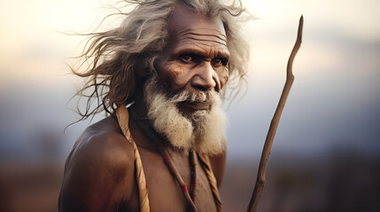 An Australian Aboriginal elder, with a rich tapestry of life experiences etched on his face, stands resolutely, clutching a staff against a tranquil outback backdrop.