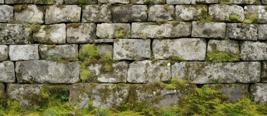 Green grass grows between the cobbles and moss on the square textured wall made of natural stone