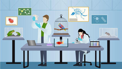 animal scientists doing research animals in the laboratory, veterinary worker making test and analysis animals, vector illustration