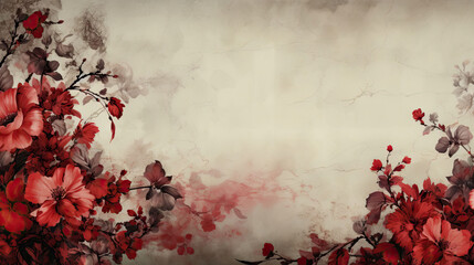 Shabby chic  background with red flowers, vintage wallpaper, minimalistic illustration with copy space	