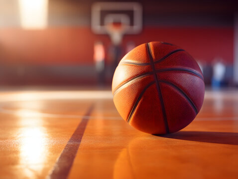 Orange basketball ball on wooden parquet. Close-up image of basketball ball over floor in the gym