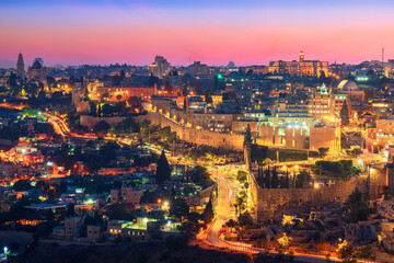 Scenic view of the Jewish Quarter of the Old City of Jerusalem at dusk