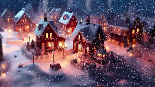 Snow scene with little houses in the night. Part4