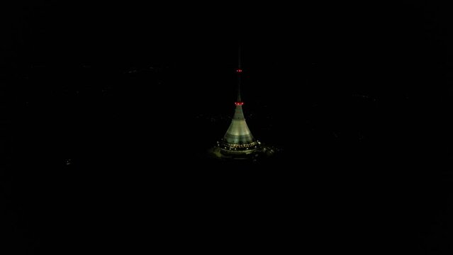 aerial panorama view of space shuttle like transmitter lookout tower and hotel,night view,Liberec,Jested,Czechia,Europe.Landscape view of architecture monument