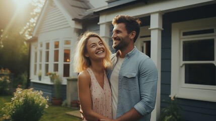 A happy young couple stands in front of their new home. Generative Ai. - obrazy, fototapety, plakaty