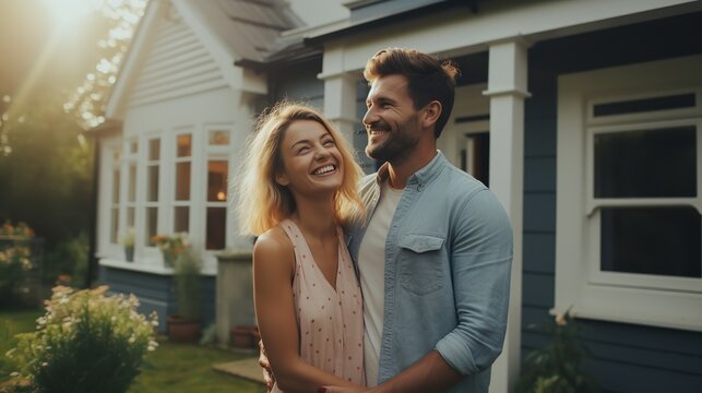 A happy young couple stands in front of their new home. Generative Ai.