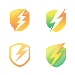 Set of power shield logo. Thunderbolt with shield protection logo design - obrazy, fototapety, plakaty
