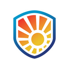 Sun and shield or protection logo in simple modern style on white background