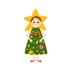 Kids Christmas costume vector isolated element. Little girl wearing Christmas tree costume for party