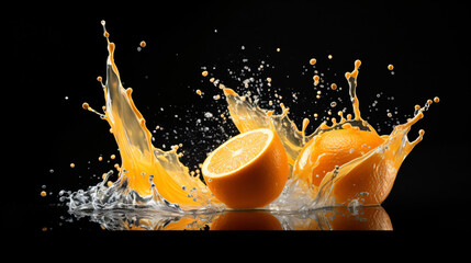 Orange fruit milk splash on black background.