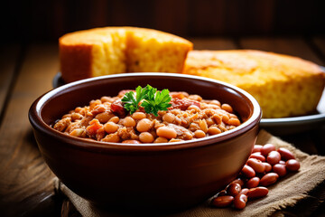 A bowl of pinto beans is paired with a slice of cornbread, forming a comforting and nutritious meal