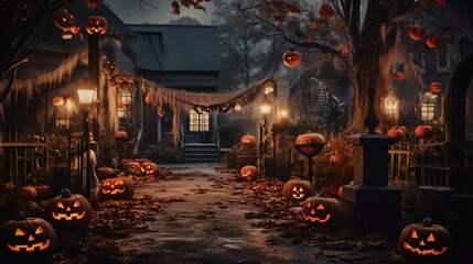 Spooky Halloween night decor illuminated outside