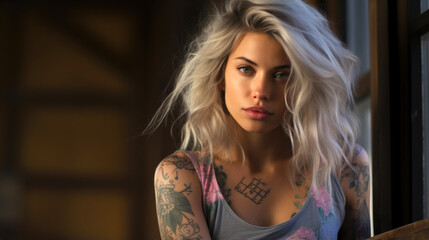 Naklejka premium young girl with gray hair and tattoos on her arms