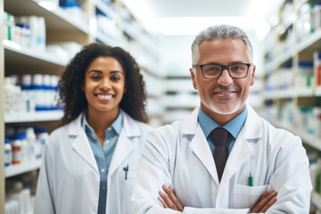 Cropped portrait of two pharmacists standing together with their arms crossed in a pharmacy