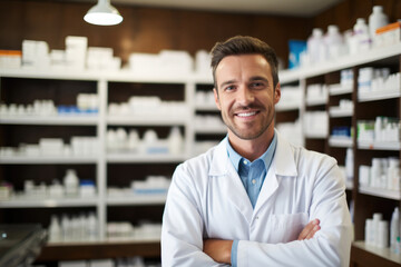 Portrait of handsome male pharmacist standing with his arms crossed in a pharmacy