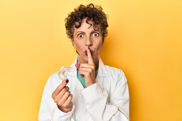 Doctor with invisible dental aligner on yellow keeping a secret or asking for silence.