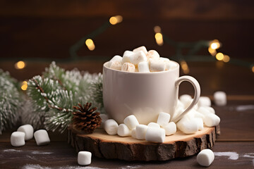 Obraz na płótnie Canvas White mug with hot cocoa chocolate and marshmallow topping with seasonal decoration