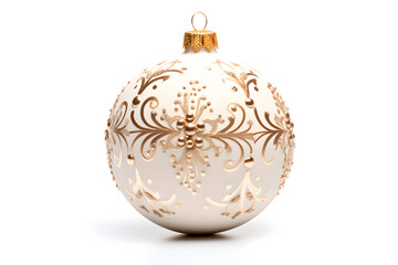 Elegant cream white and golden Christmas tree bauble on white background.
