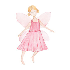 Watercolor hand drawn illustration of a little fairy girl. Drawing for children's design.