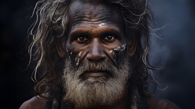An Australian Aboriginal man, with traditional face paint and piercing eyes, emanates a profound depth against a moody, smoke-tinged background.