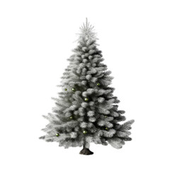decorated Christmas tree with a big star on top and snow and baubles isolated on white background