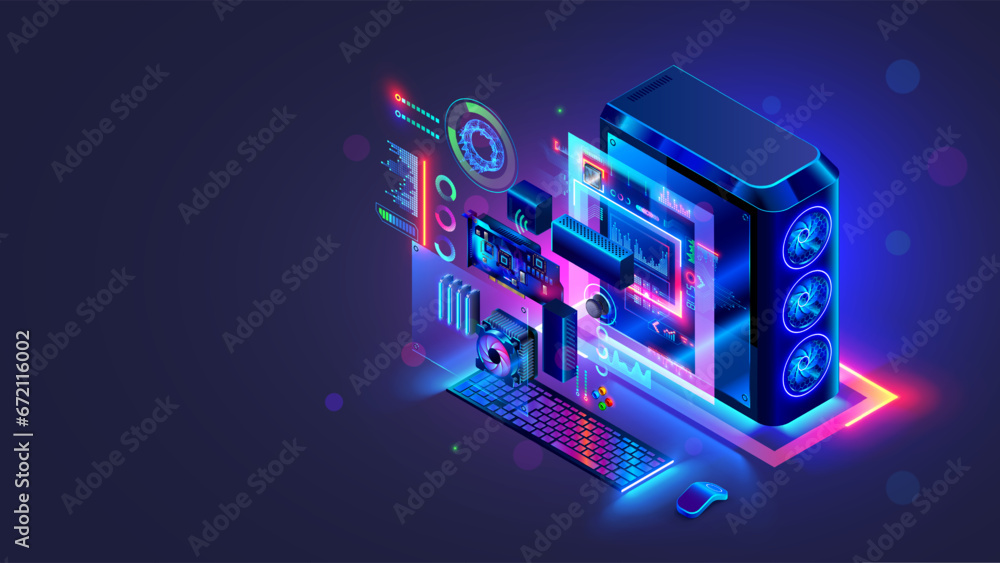 Poster overclocking gaming computer concept. hardware parts with neon lights of power desktop gaming pc han