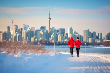 couple running through the snow in winter against the backdrop of the city skyline