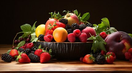 Organic summer fruit on a wooden table.