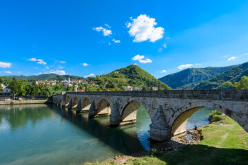 Visegrad, Bosnia and Herzegovina - August 13, 2023: Famous bridge on the Drina in Visegrad, Bosnia...