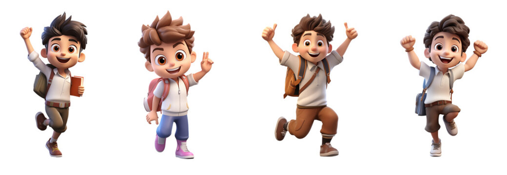Group of 3D cartoon character students boys overjoyed excited happy cool fun celebrating, Full body isolated on white and transparent background